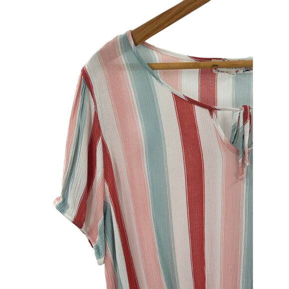 Striped Multicolor Pink Rose Tie Front Top Large Elastic Hem - Picture 5 of 9